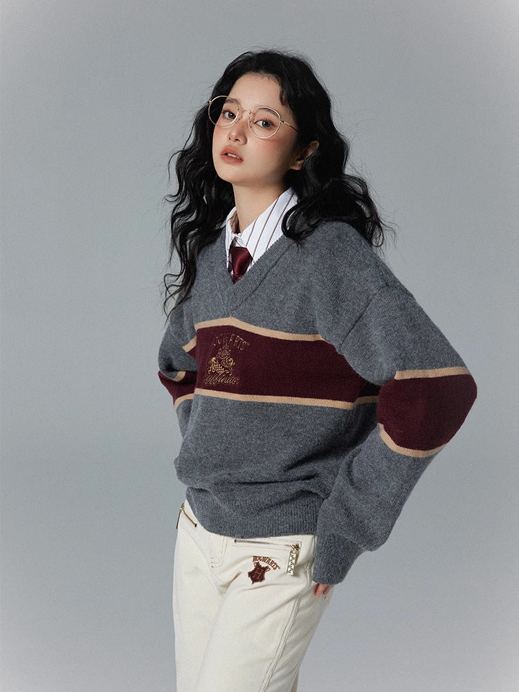 fall outfits 2024 2024 Spring and Autumn New Harry Potter Embroidered Striped Contrast Color Sweater Sweater Women's V-neck Sweet All-Match Top