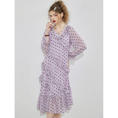 Lizakosht Summer Vintage Women Maxi Ruffle Dress Long Sleeve Cake Dress Polka Dot Print Sexy Maxi Tunic Beach Dress Vocation