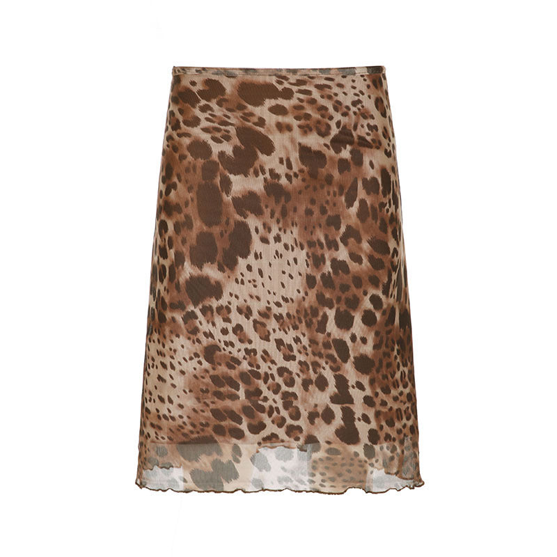 American Retro Street Style Leopard Print Mesh Skirt Summer Slim Slimming High Waist Fashion Temperament Sheath a Skirt