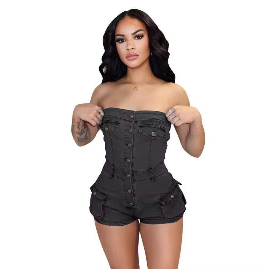 LIZAKOSHT  -  PopularGirl 2024 Summer New Denim Jumpsuit F88554 Tube Top Stretch One-Piece Shorts