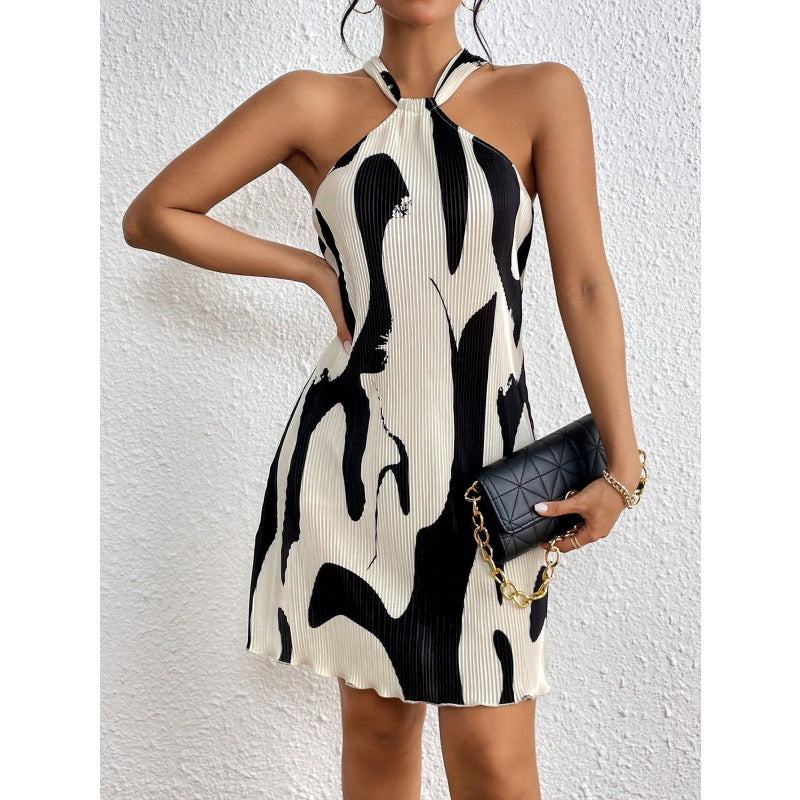 LIZAKOSHT  -  Women's Abstract Print Halter Ribbed Dress, Fashion Sleeveless Short Dress, Ladies Dresses for Summer