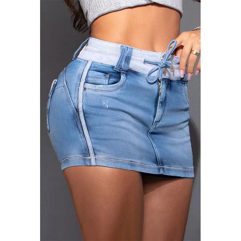 LIZAKOSHT  -  Chicme Contrast Binding Ripped Drawstring Denim Skorts