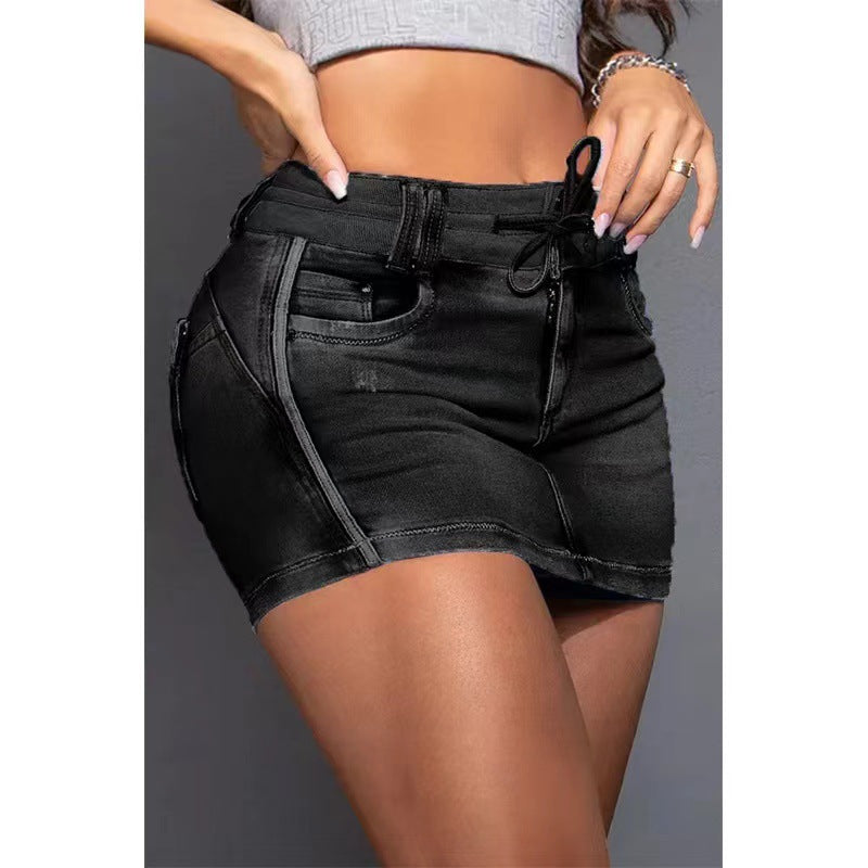 LIZAKOSHT  -  Chicme Contrast Binding Ripped Drawstring Denim Skorts