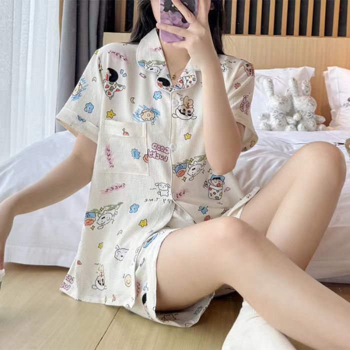 LIZAKOSHT  -  Women's All Over Print Elastic Waist Pyjama Set, Button Front Top & Bow Decor Shorts, Summer Sleepwear, Pajama Sets Women, Nightwear Set for Women