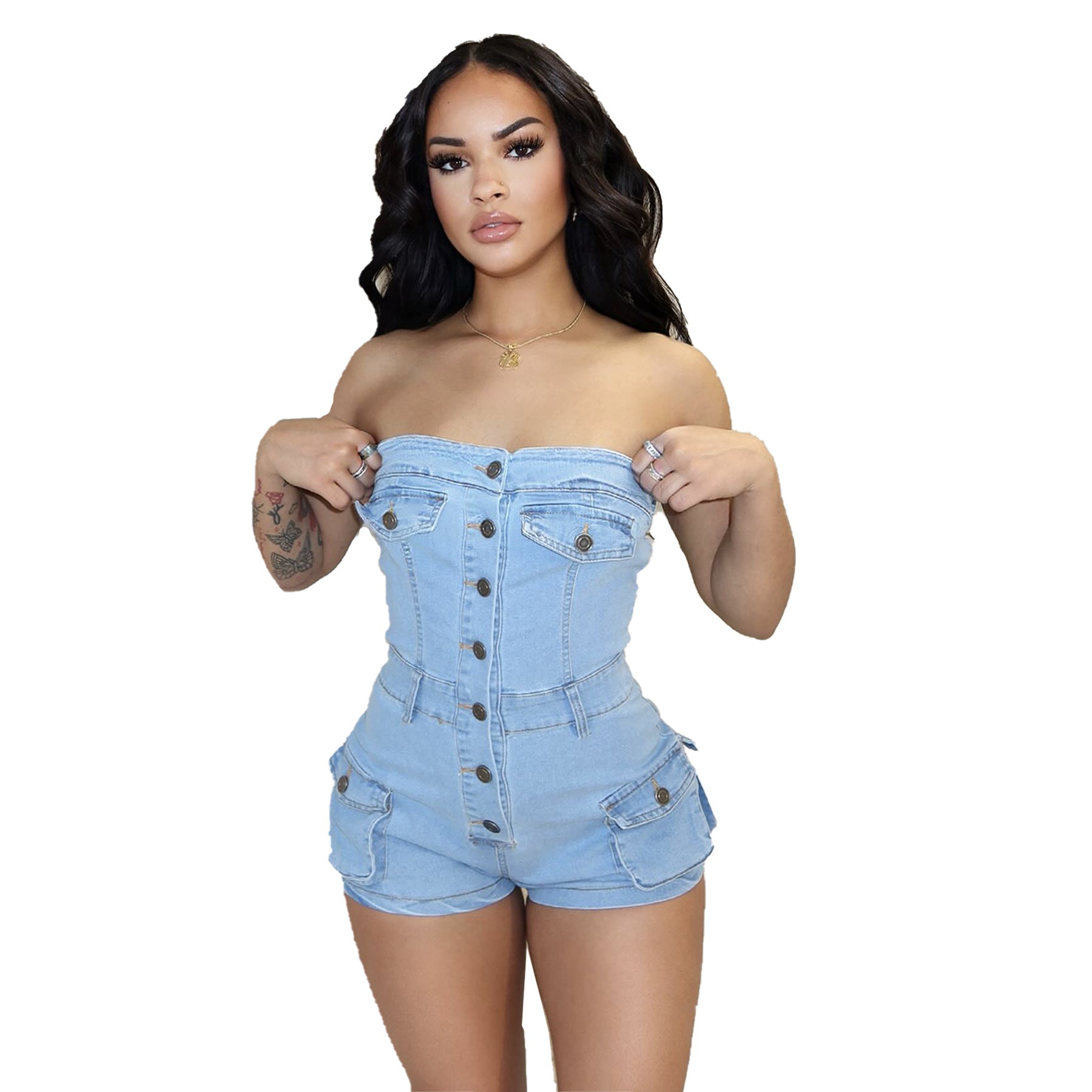 LIZAKOSHT  -  PopularGirl 2024 Summer New Denim Jumpsuit F88554 Tube Top Stretch One-Piece Shorts