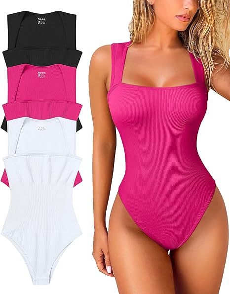 LIZAKOSHT  -  Women's 3 Piece Basic Bodysuits Sexy Ribbed Strappy Square Neck Sleeveless Bodysuits