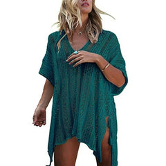 LIZAKOSHT  -  Women's Hollow Out Asymmetrical Split Hem Crochet Cover Up, Boho V Neck Batwing Sleeve Lace Up Fringe Decor Cover Up, Summer Clothes for Beach Vacation