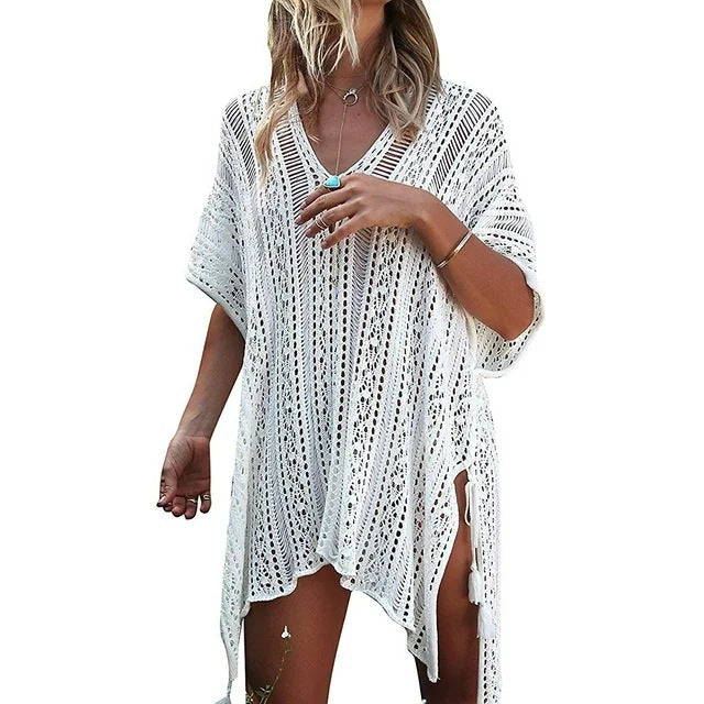 LIZAKOSHT  -  Women's Hollow Out Asymmetrical Split Hem Crochet Cover Up, Boho V Neck Batwing Sleeve Lace Up Fringe Decor Cover Up, Summer Clothes for Beach Vacation