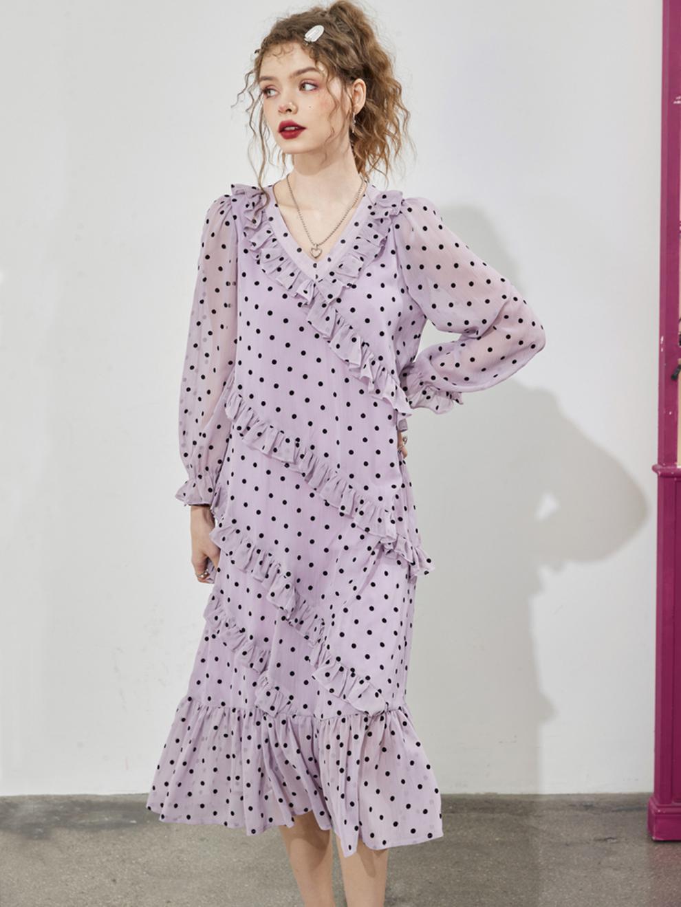 Lizakosht Summer Vintage Women Maxi Ruffle Dress Long Sleeve Cake Dress Polka Dot Print Sexy Maxi Tunic Beach Dress Vocation