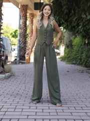 LIZAKOSHT  -  Women's Button Front V Neck Vest & Elastic Waist Pants Set, Casual Sleeveless Top & Wide Leg Trousers for Summer, Ladies Clothes for Daily Wear, Women Clothing, 2 Piece Set Women