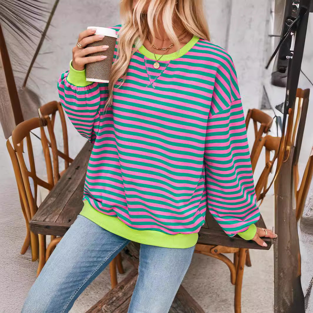 LIZAKOSHT  -  Fisoew Womens Striped Oversized Sweatshirt Color Block Crew Neck Long Sleeve Shirt Casual Loose Pullover Top Y2K Clothes