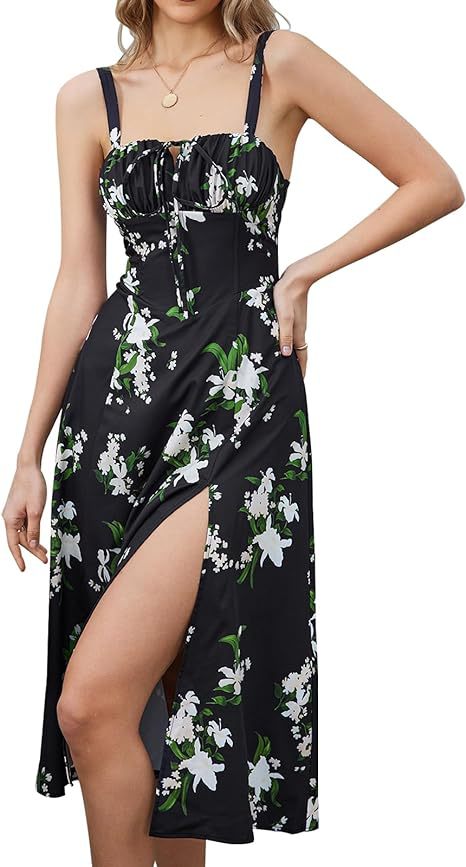 LIZAKOSHT  -  Women's Plain Ruched Lace Up Split Cami Dress, Elegant Tie Front Sleeveless Midi Dress for Summer, Fashion Women's Dress for Beach Holiday, Summer Clothes, Summer Outfits 2024