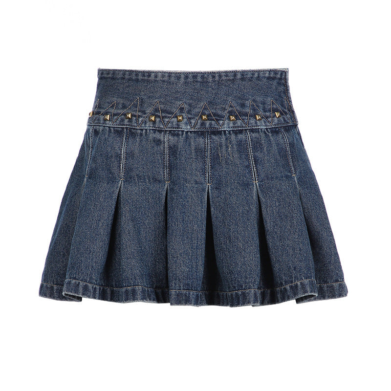 American Style Low Waist Retro Denim Short Skirt Women's Summer 2024 New Washed Rivet Street A- line Pleated Skirt