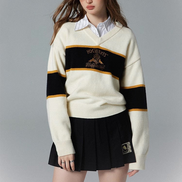 fall outfits 2024 2024 Spring and Autumn New Harry Potter Embroidered Striped Contrast Color Sweater Sweater Women's V-neck Sweet All-Match Top