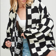 LIZAKOSHT  -  Women's Checkerboard Pattern Drop Shoulder Cardigan, Casual Long Sleeve Open Front Knitwear for Summer, Fashion Ladies' Knit Clothing for Daily Wear