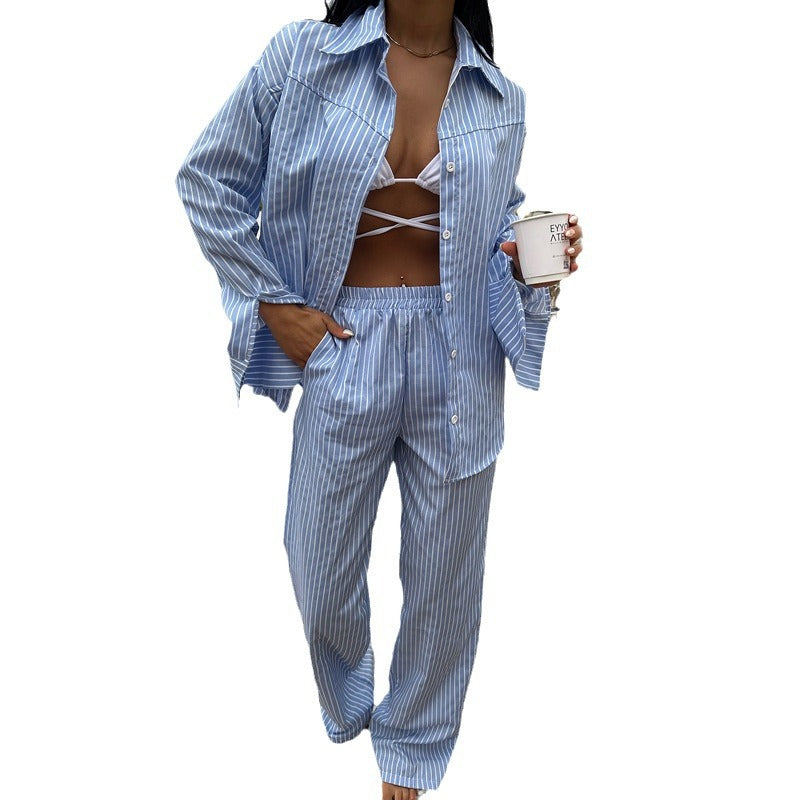 LIZAKOSHT  -  European and American Style Casual Loose Shirt and Trousers Suit for Women 2024 Summer New Striped Fashion Two-piece Suit Cross-border