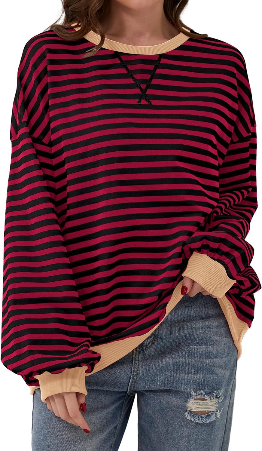 LIZAKOSHT  -  Fisoew Womens Striped Oversized Sweatshirt Color Block Crew Neck Long Sleeve Shirt Casual Loose Pullover Top Y2K Clothes