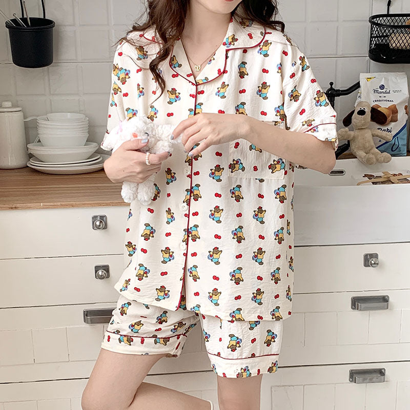 LIZAKOSHT  -  Women's All Over Print Elastic Waist Pyjama Set, Button Front Top & Bow Decor Shorts, Summer Sleepwear, Pajama Sets Women, Nightwear Set for Women