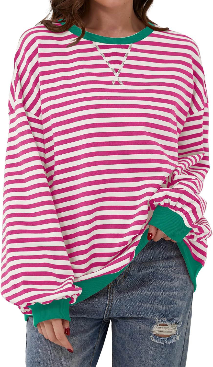 LIZAKOSHT  -  Fisoew Womens Striped Oversized Sweatshirt Color Block Crew Neck Long Sleeve Shirt Casual Loose Pullover Top Y2K Clothes