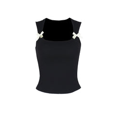 LIZAKOSHT  -  Women's Summer Plain Bow Decor Square Neck Crop Tank Top, Women's Summer Clothes, Casual Sleeveless Cropped Top for Summer, Fashion Ladies' Clothes for Daily Wear, Womenswear