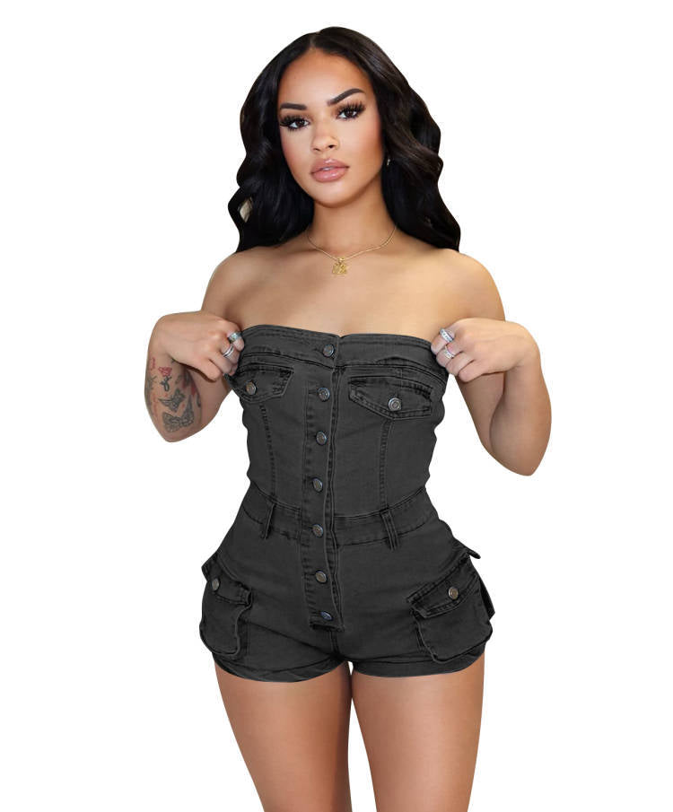 LIZAKOSHT  -  PopularGirl 2024 Summer New Denim Jumpsuit F88554 Tube Top Stretch One-Piece Shorts