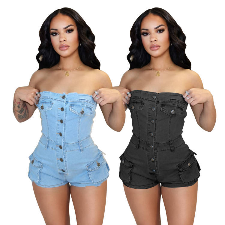 LIZAKOSHT  -  PopularGirl 2024 Summer New Denim Jumpsuit F88554 Tube Top Stretch One-Piece Shorts