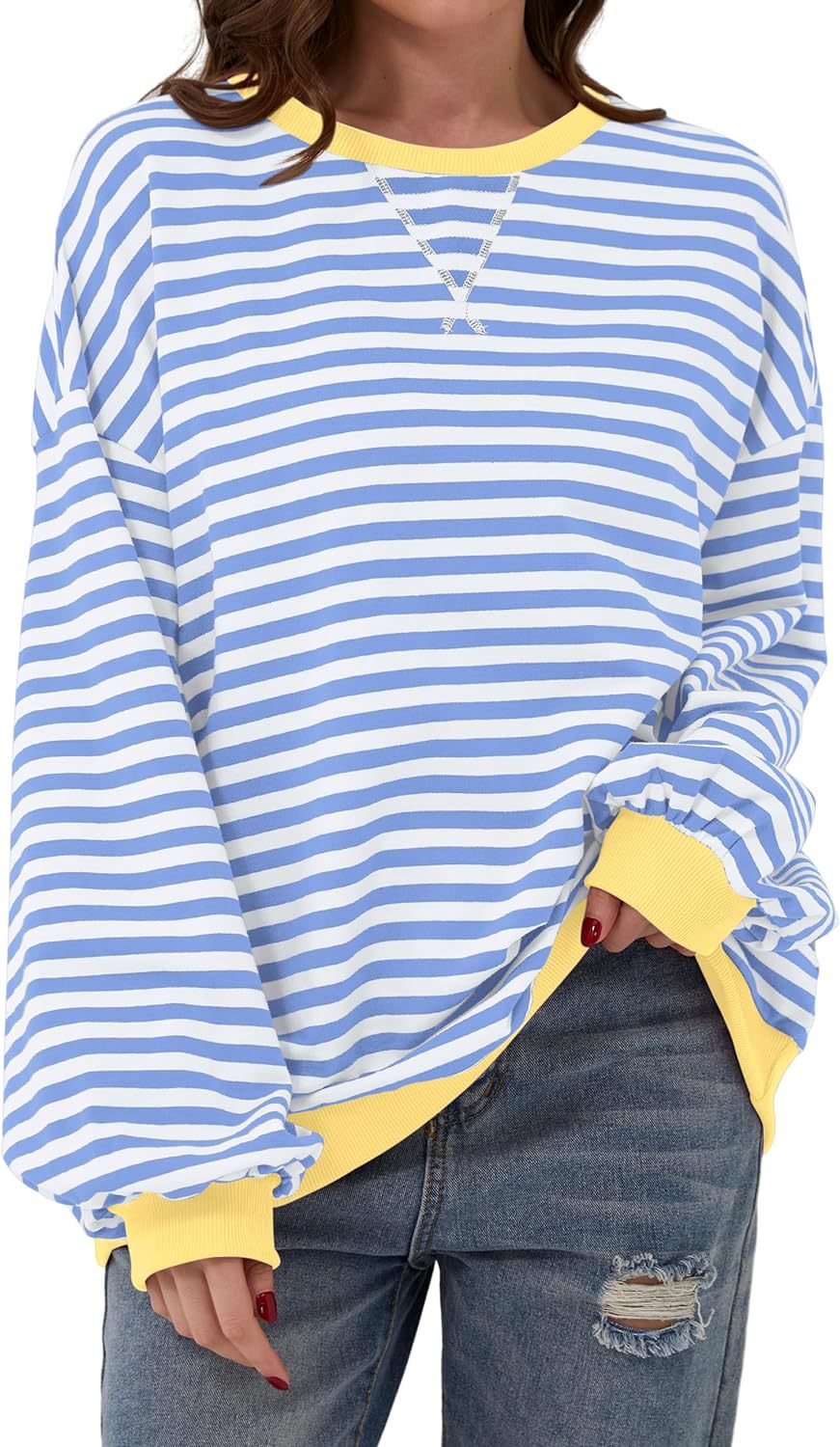 LIZAKOSHT  -  Fisoew Womens Striped Oversized Sweatshirt Color Block Crew Neck Long Sleeve Shirt Casual Loose Pullover Top Y2K Clothes