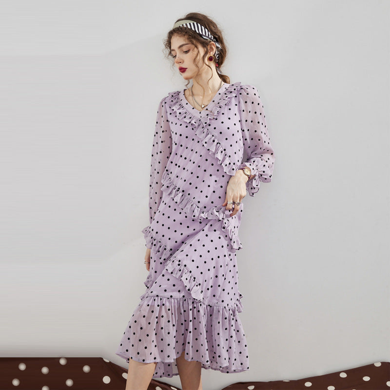 Lizakosht Summer Vintage Women Maxi Ruffle Dress Long Sleeve Cake Dress Polka Dot Print Sexy Maxi Tunic Beach Dress Vocation