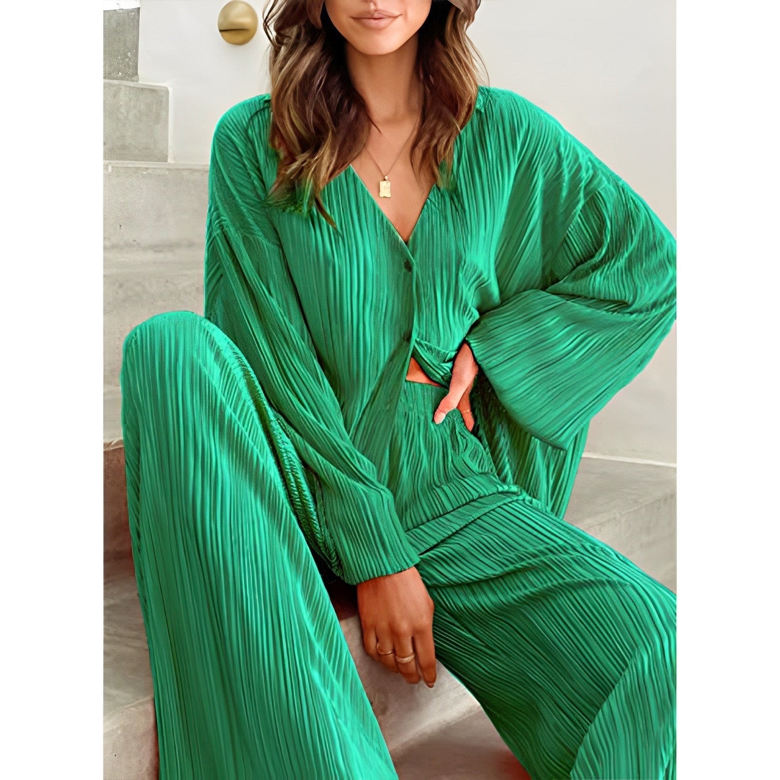 LIZAKOSHT  -  New Cross-border Women's Spring Solid Color Pleated Single-breasted Top High Waist Wide-leg Flared Pants Home Wear Suit