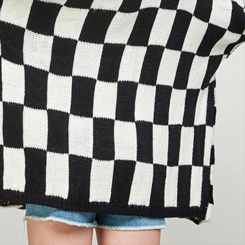 LIZAKOSHT  -  Women's Checkerboard Pattern Drop Shoulder Cardigan, Casual Long Sleeve Open Front Knitwear for Summer, Fashion Ladies' Knit Clothing for Daily Wear