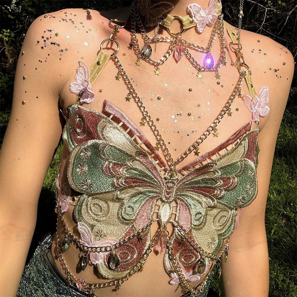 y2k W139tp Ins Trendy Embroidered Butterfly Stitching Metal Crystal Ornaments Ultra Short Camisole