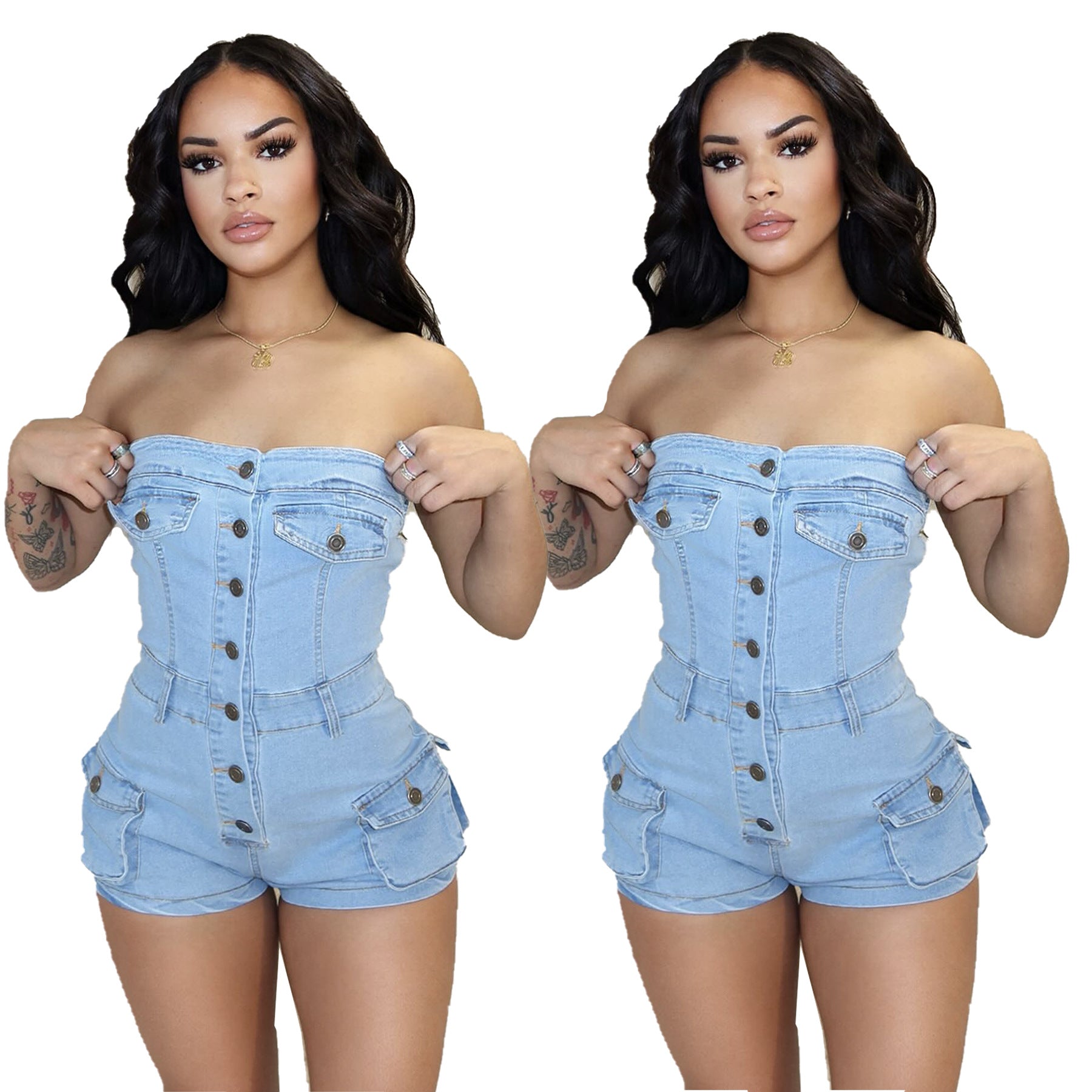 LIZAKOSHT  -  PopularGirl 2024 Summer New Denim Jumpsuit F88554 Tube Top Stretch One-Piece Shorts