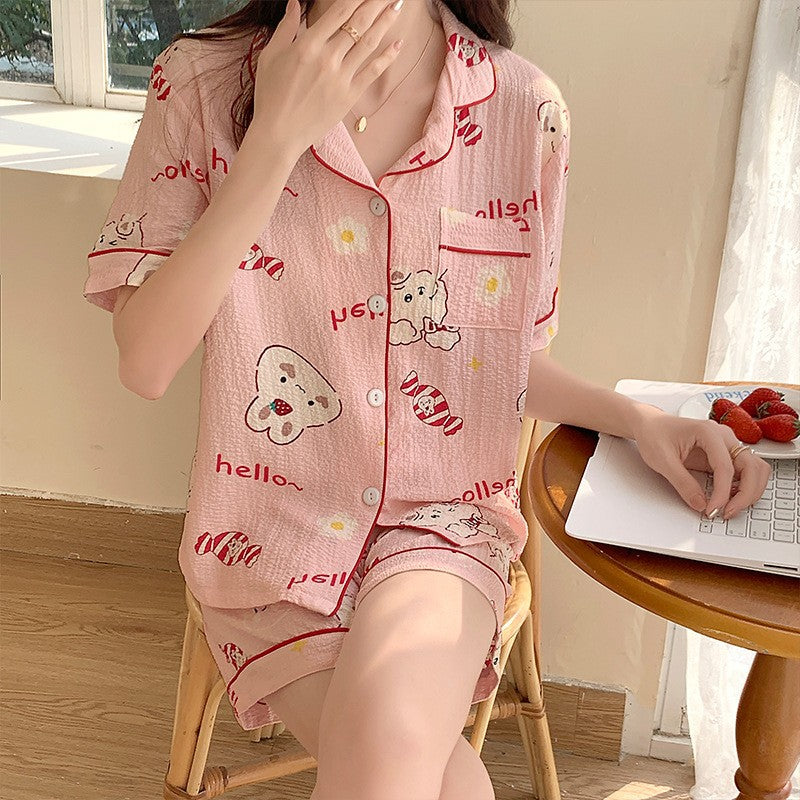 LIZAKOSHT  -  Women's All Over Print Elastic Waist Pyjama Set, Button Front Top & Bow Decor Shorts, Summer Sleepwear, Pajama Sets Women, Nightwear Set for Women