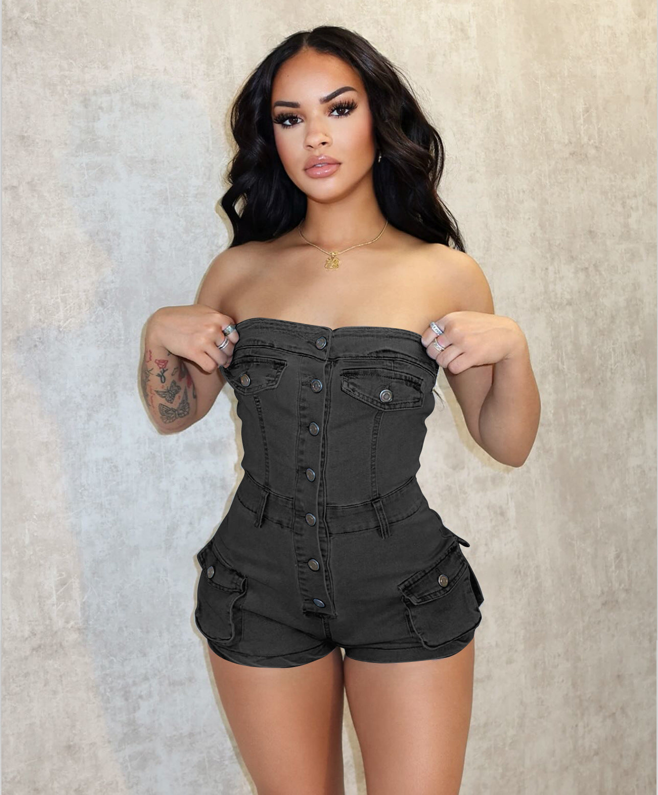 LIZAKOSHT  -  PopularGirl 2024 Summer New Denim Jumpsuit F88554 Tube Top Stretch One-Piece Shorts