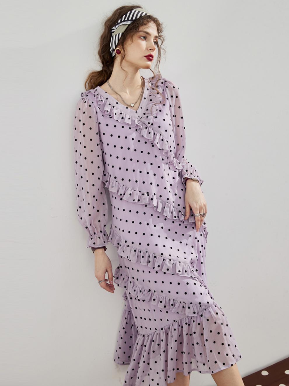 Lizakosht Summer Vintage Women Maxi Ruffle Dress Long Sleeve Cake Dress Polka Dot Print Sexy Maxi Tunic Beach Dress Vocation