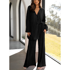 LIZAKOSHT  -  New Cross-border Women's Spring Solid Color Pleated Single-breasted Top High Waist Wide-leg Flared Pants Home Wear Suit