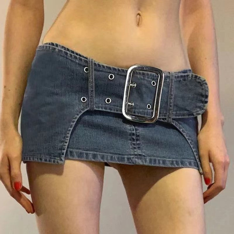 2000s fashion Hot Girl Style Ultra Short Denim Skirt Waist Large Breasted Hip Lifting Anti-Exposure Skirt