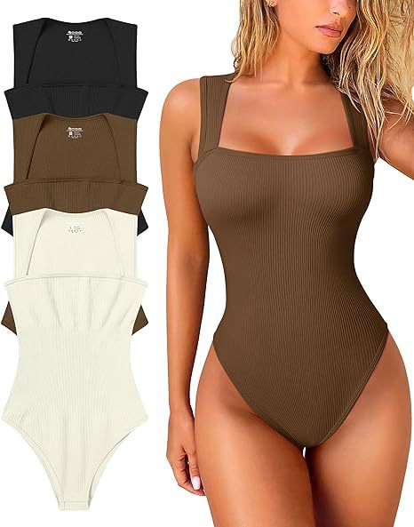 LIZAKOSHT  -  Women's 3 Piece Basic Bodysuits Sexy Ribbed Strappy Square Neck Sleeveless Bodysuits