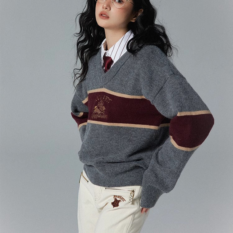 fall outfits 2024 2024 Spring and Autumn New Harry Potter Embroidered Striped Contrast Color Sweater Sweater Women's V-neck Sweet All-Match Top