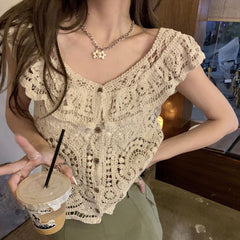 LIZAKOSHT  -  Women's Rhinestone Decor Hollow Out Button Front Ruffle Hem Cardigan, Boho Butterfly Sleeve Round Neck Knitwear for Summer, Fashion Women's Knit Clothing for Daily Wear