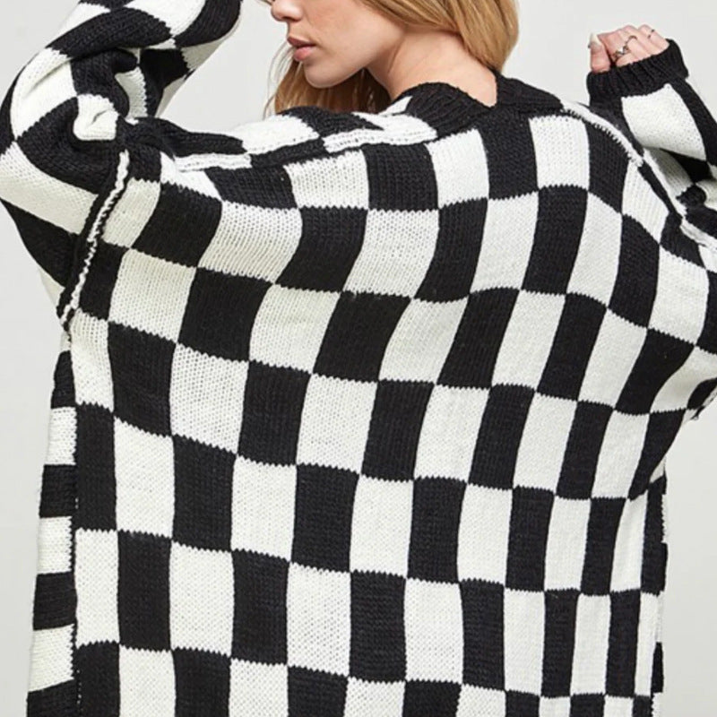 LIZAKOSHT  -  Women's Checkerboard Pattern Drop Shoulder Cardigan, Casual Long Sleeve Open Front Knitwear for Summer, Fashion Ladies' Knit Clothing for Daily Wear