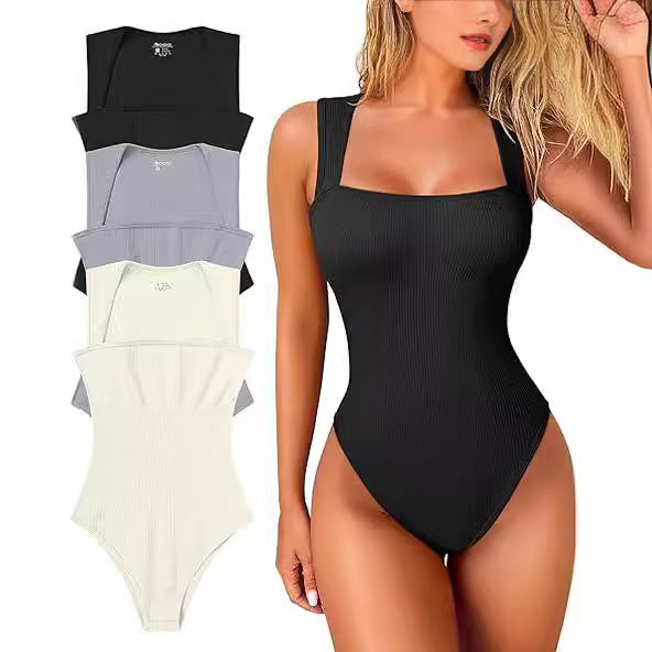 LIZAKOSHT  -  Women's 3 Piece Basic Bodysuits Sexy Ribbed Strappy Square Neck Sleeveless Bodysuits