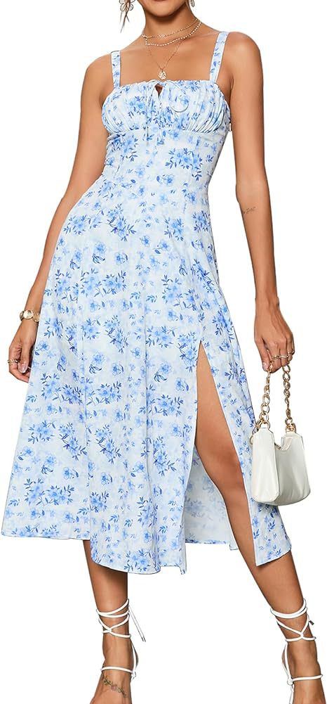 LIZAKOSHT  -  Women's Plain Ruched Lace Up Split Cami Dress, Elegant Tie Front Sleeveless Midi Dress for Summer, Fashion Women's Dress for Beach Holiday, Summer Clothes, Summer Outfits 2024