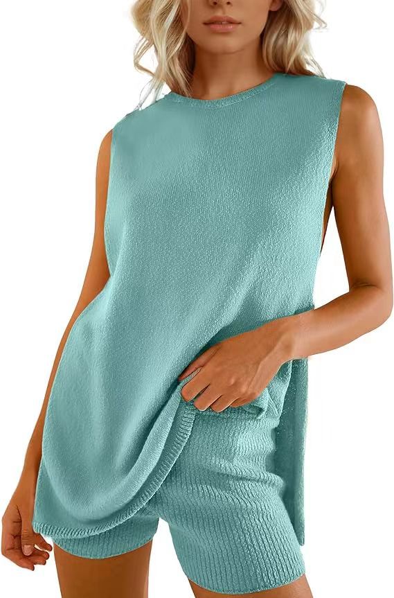 LIZAKOSHT  -  Womens Summer Knit Sweater Set Sleeveless Tunic Top Matching Shorts 2 Piece Outfits Trendy Beach Vacation Set