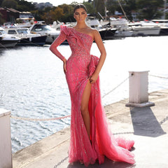 Fuchsia One Shoulder Luxury Dubai Evening Dresses Arabic Side Slit Mermaid Prom Formal Dress for Wedding