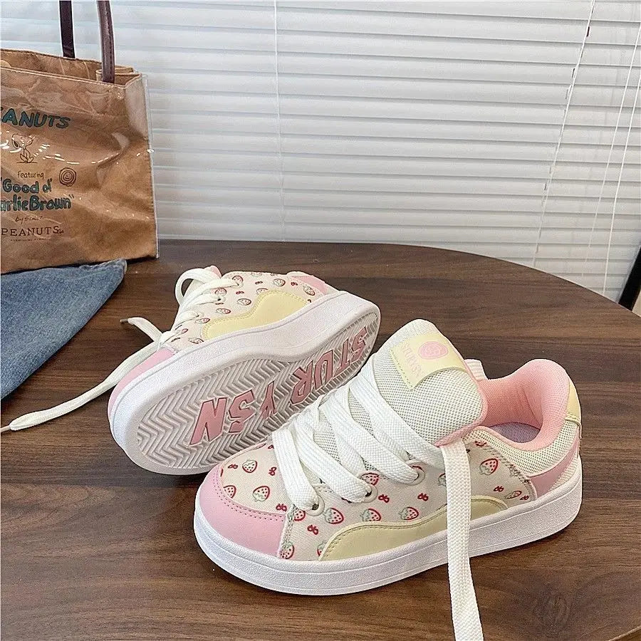 LIZAKOSHT  -  Strawberry Print Women Sneakers Niche Low-top Korean Style Pink Sweet Womens Sports Shoes Versatile Casual Female Shoes