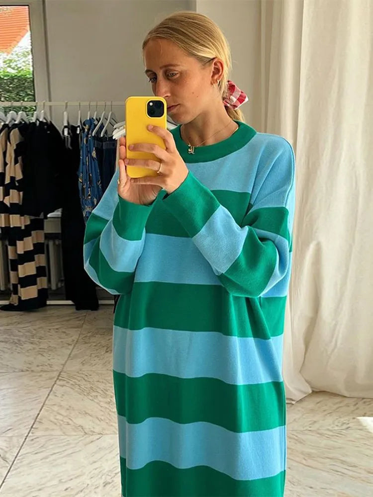 LIZAKOSHT Striped Contrast Color Female Knitted Dress O-neck Long Sleeved Loose Knit Robes New Sweet Casual Streetwear Maxi Dresses