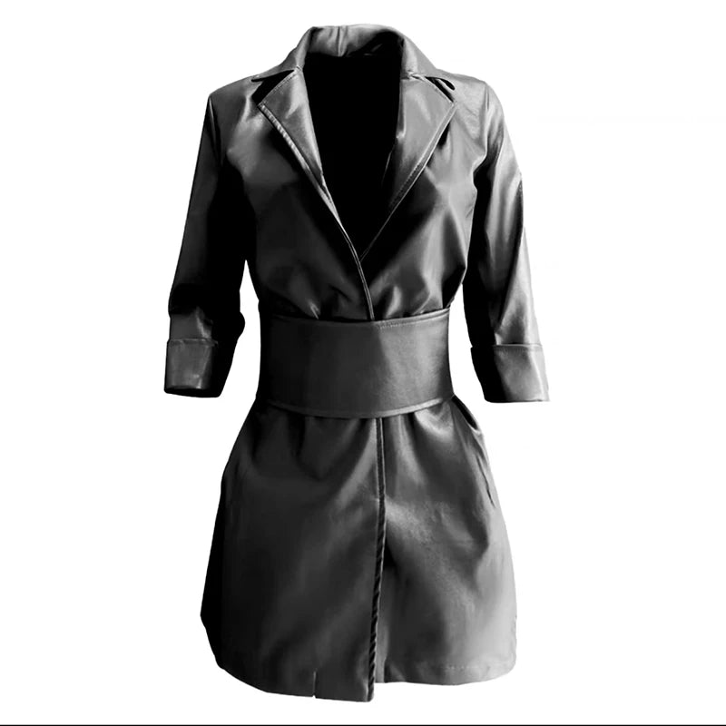 LIZAKOSHT  -  European and American Black Leather Jacket, Ins Jacket, Two Suits, Collar, Slim Fit PU Leather Skirt, Waist Closure Dress