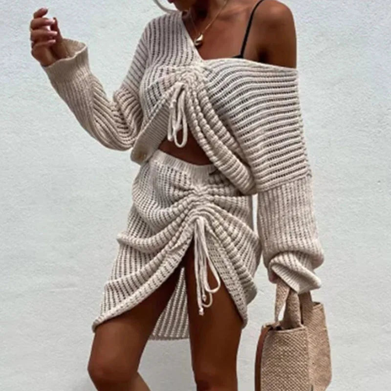 LIZAKOSHT  -  Sexy Drawstring Beach Knit Outfits 2024 Women Solid Navel Long Sleeve Pullover&Mini Skirt Set Asymmetric Two Piece Dresses Suit