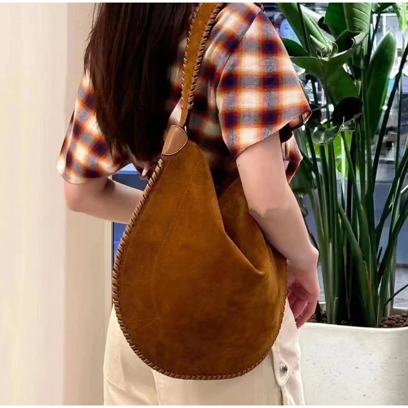 LIZAKOSHT  -  Women's Brown Suede Shoulder Bag Large Capacity Ladies Shopping Armpit bag Autumn Simple Tote Bag Luxury Leather Biker Bag